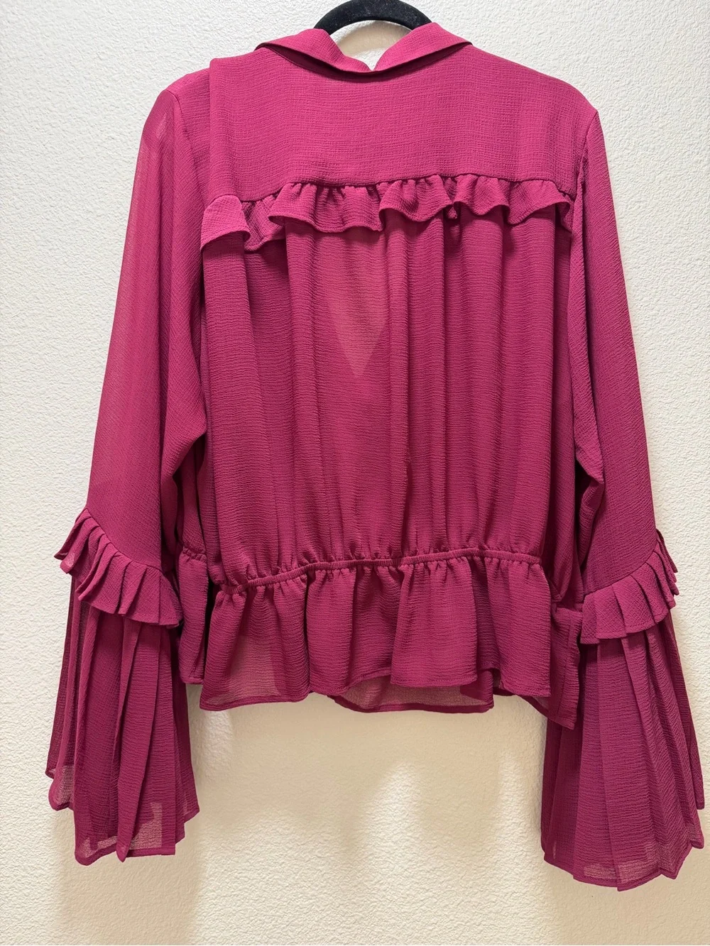 Anthropologie Sheer Ruffles V-Neck Blouse with Flare Sleeves and Fabric Buttons - Picture 6 of 7